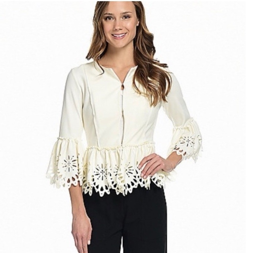 Marc Bouwer Unlimited Cream Peplum Jacket Laser Cut Bell Sleeve Eyelet‎ L luxury